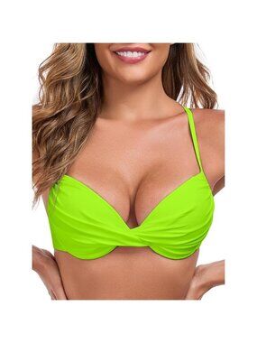Women's Neon Green Push Up Bikini Tops Ruched Twist Front Underwear Top Swimsuit